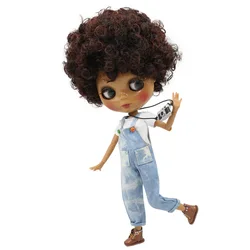 ICY DBS Blyth Doll 1/6 Short Curly Black mix Brown Hair Dark Skin glossy face bjd toy DIY with hand A&B No. 130BL910362