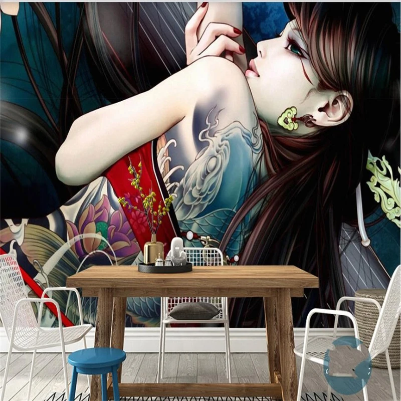 wellyu Custom large mural wallpaper green salmon tattoo hand-painted woman modern Japanese and Korean style living room wall