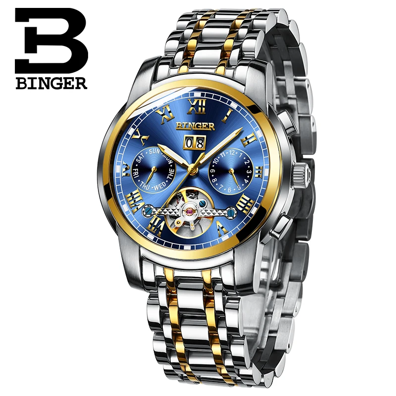 BINGER Stainless Steel Watches Men Luxury Brand Tourbillon Automatic Luminous Multiple Functions Mechanical Wristwatches 2017