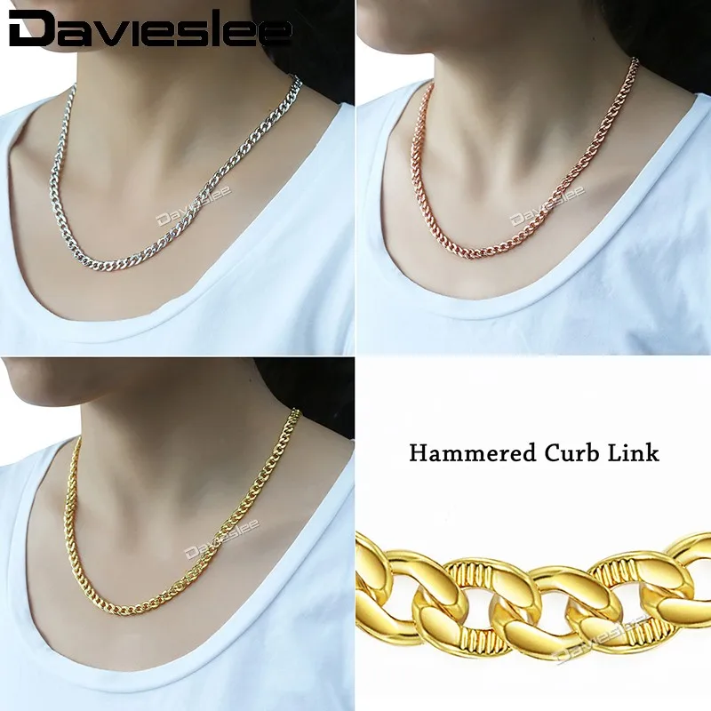 Davieslee Curb Cuban Link Chain Necklace For Men Women Yellow White Rose Gold Color 585 DGNM125