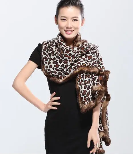 

leopard fur scarves ladies Spring and autumn plus size natural rex rabbit fur trim wool long design cape F111