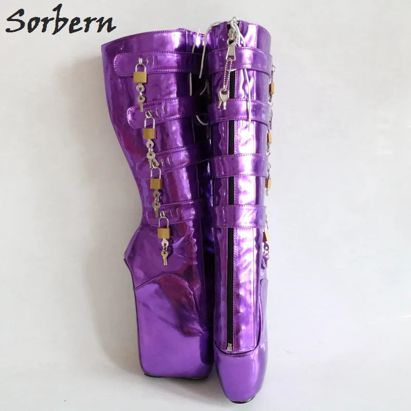 Sorbern Metallic Purple Women Boots Crossdressed Heels Fetish Tiptoe Heels Boots Decorative Padlocks Ballet Exotic Dancer Shoes