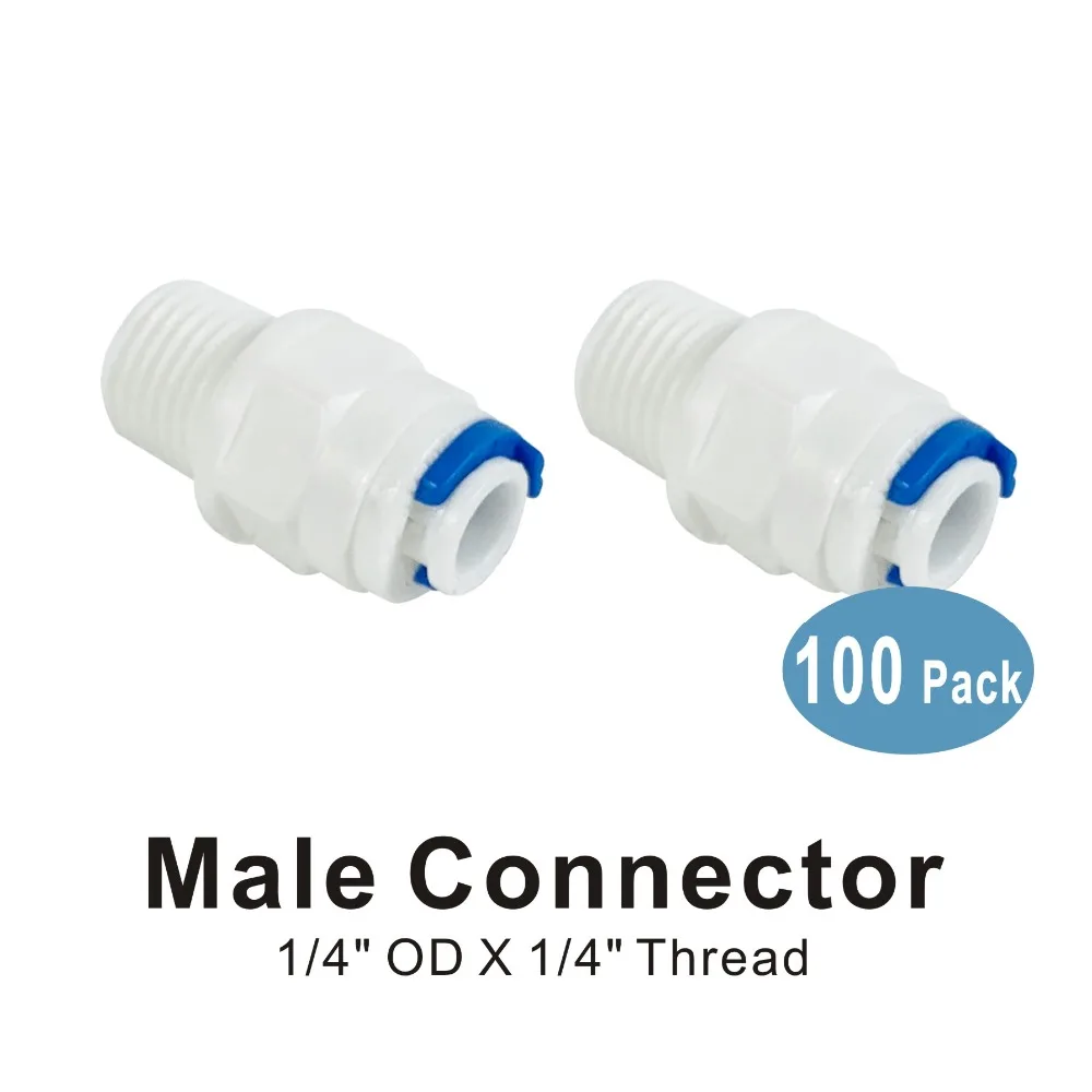 

100 PACK OF Male Connector 1/4" Thread to 1/4" Quick Connect Fittings for Water Filters and RO Reverse Osmosis Systems