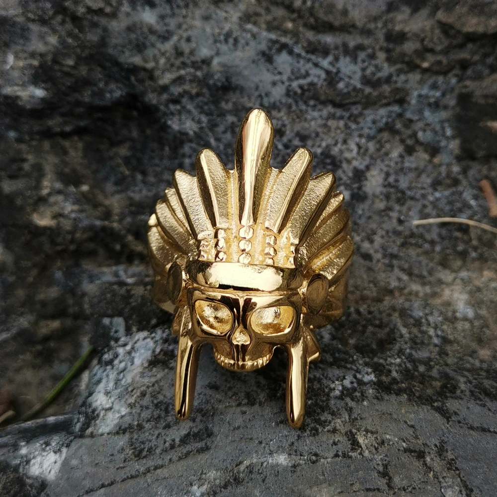 High Quality Gold Color 316L Stainless Steel African Tribal Chief Chieftain Skull Rings Mens Womens Fashion Punk Biker Jewelry