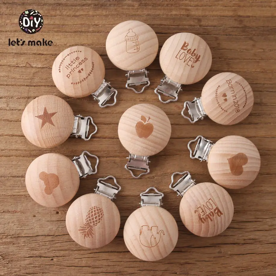 Let\'s Make Pacifier Clip 50pc Round Wooden Engrave Customizable Personalise Baby Wooden Dummy Clip Neutral Gift Charms Beads