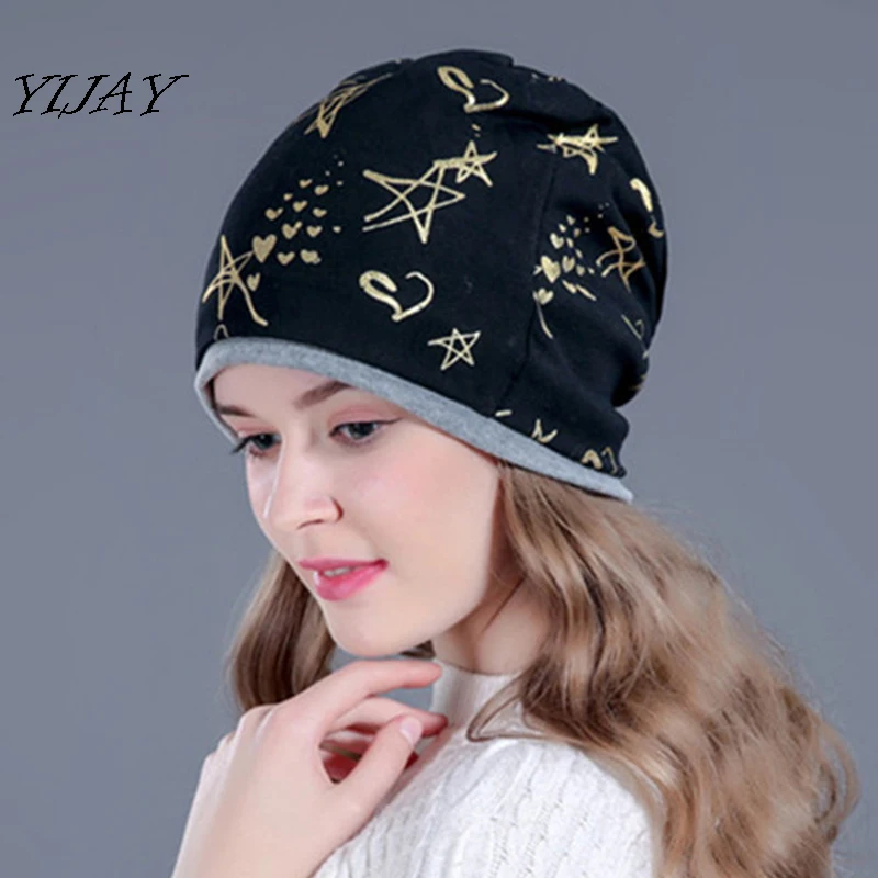 Fashion new women spring autumn causal beanies scarf star pattern female warm hat cap3 usages headwear