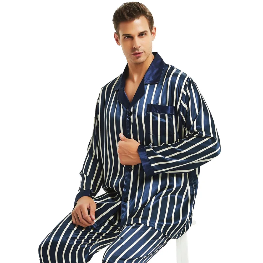 Mens Silk Satin Pajamas Set Pyjamas Set PJS Sleepwear Loungewear S ~ 4XL Striped