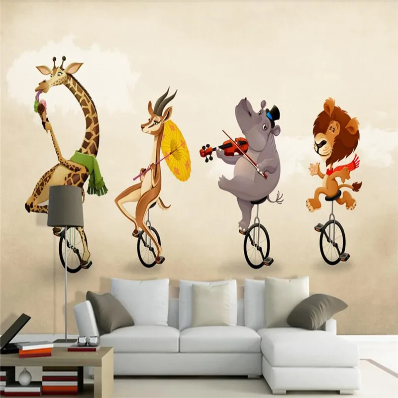 

European-style giraffe elk hippopotamus lion ride children's room wall professional production wallpaper murall