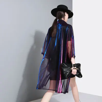 New come ! See Through Laser Symphony Sunscreen Jersey Jacket Clear Jacket Iridescent Rainbow Hologram Women Shirt Blouse Coat