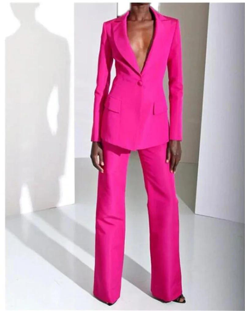 

High Quality Fuchia Women Pantsuits Work Pant Suits OL 2 Piece Sets Women Blazer(Jacket+Pant Suit)For Women Set Party