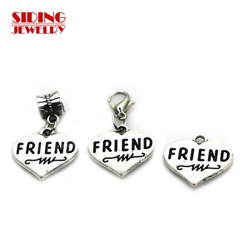 New 20pcs/lot Silver Friend Heart Dangle Charms Lobster Clasp DIY Bracelet Necklace Pendants Jewelry Hanging Charms