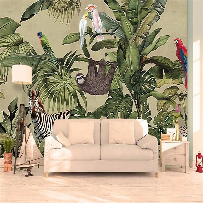 

Retro Tropical Rainforest Animal Palm Leaf Living Room TV Wall Custom Wallpaper Mural Decoration