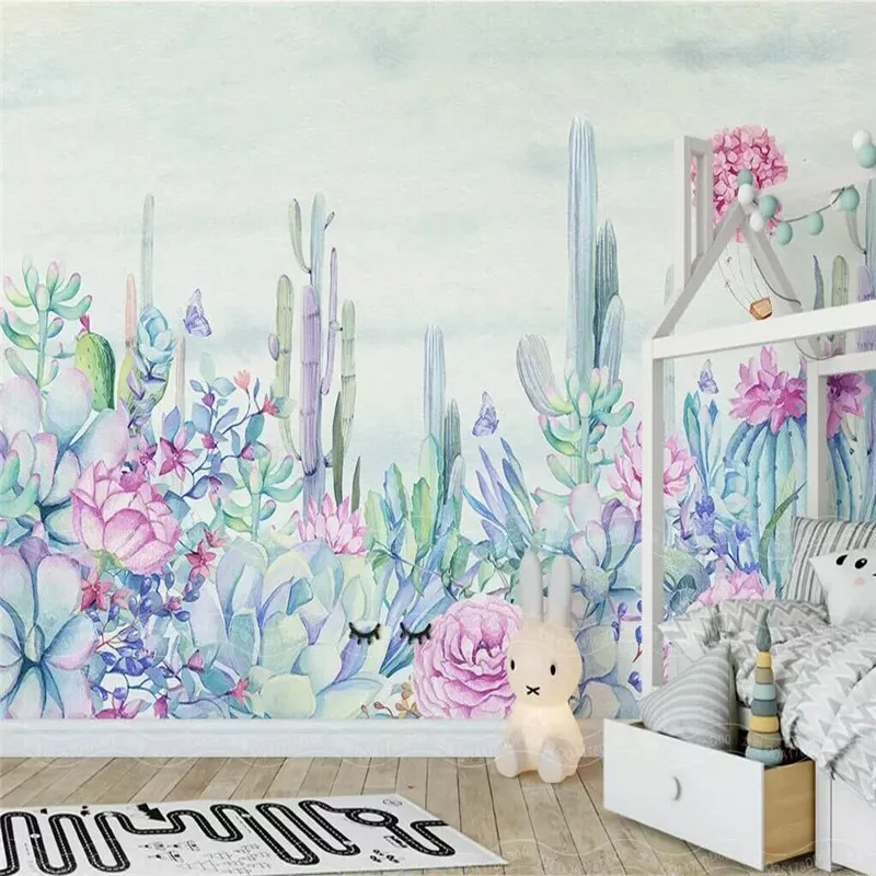 Custom Mural Wallpaper Hand-Painted Garden Plants Cactus Background Wall Painting