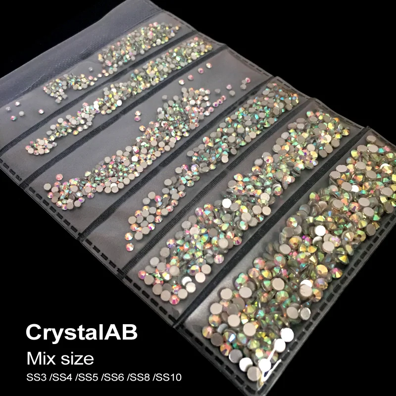 Super Shiny .Crystal AB SS3 SS4 SS5 SS6 SS8 SS10 Mix Sizes Pack Flatback Rhinestones Nail Rhinestoens For Nails 3D Nail Art