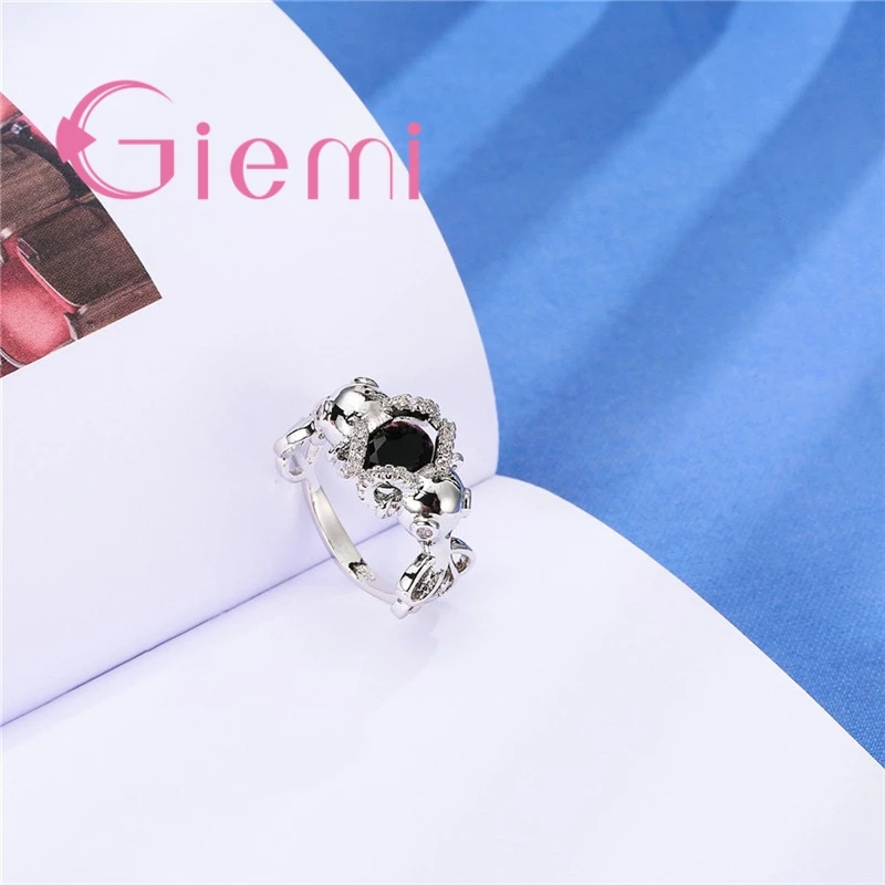 Unique Surround Silver Bar Lace Jewelry Rings For Women Female Black Charm Clear Stone 925 Silver Party Gifts