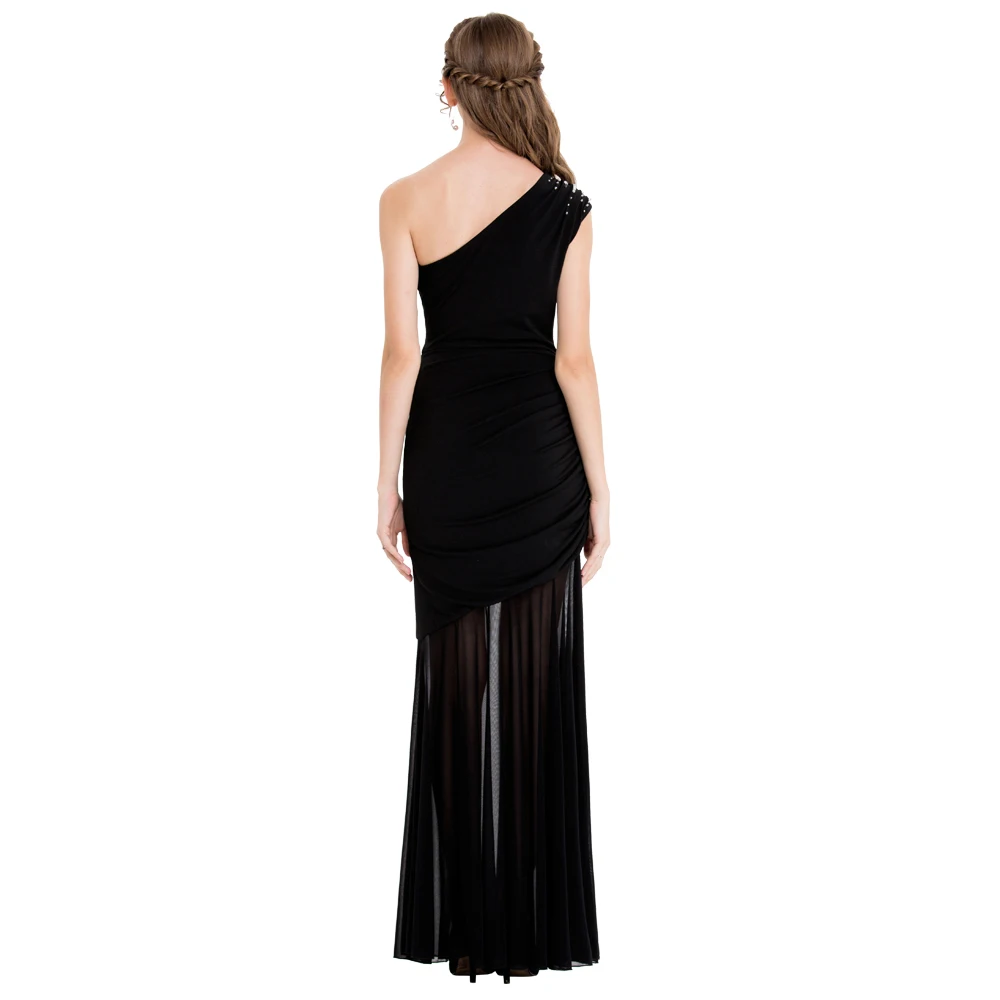 Angel-Fashions Vrouwen Een Schouder Geplooide Kralen Ruches Maxi Lange Avondjurk Transparante Bodycon Wrap Party Gown