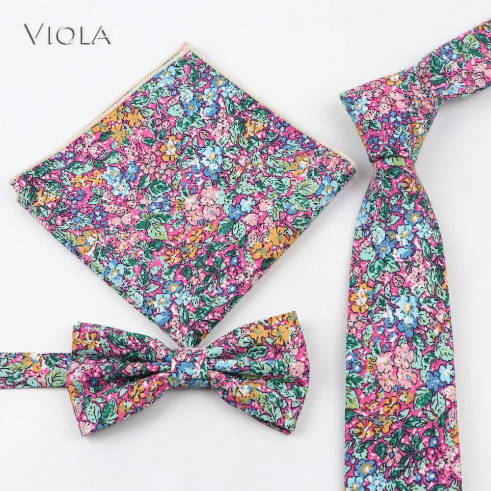 Vintage Floral Printed Neck Tie Set 6.5cm Cotton Linen Men Tie Butterfly Hankie bowtie Handkerchief Pocket Square Wedding Party