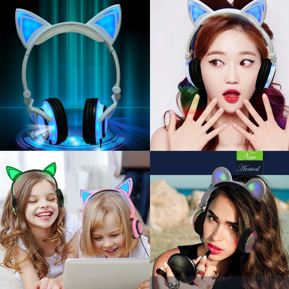 YiJee Foldable Cat Ear Headphones with LED Flashing Light Gaming Headset Glowing Stereo Cat Earphones for PC Mobile Phone