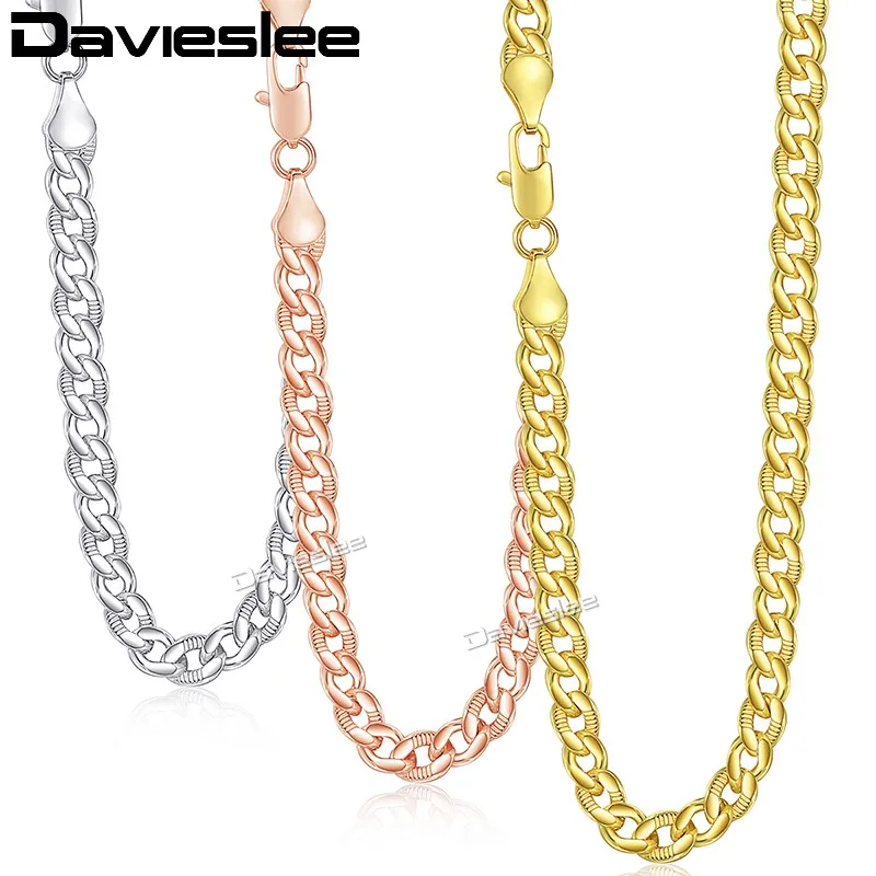 Davieslee Curb Cuban Link Chain Necklace For Men Women Yellow White Rose Gold Color 585 DGNM125