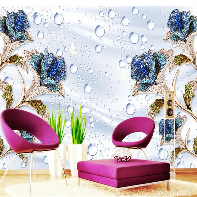 wellyu Custom large-scale murals home decor wallpaper blue roses dripping silk stereo TV background wall papel de parede