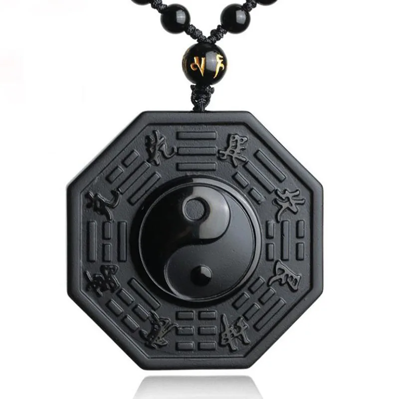 Natural Black Obsidian Necklace Pendant Hand Carved Chinese Taiji BaGua Lucky Amulet Pendant Free Necklace Fashion Jewelry