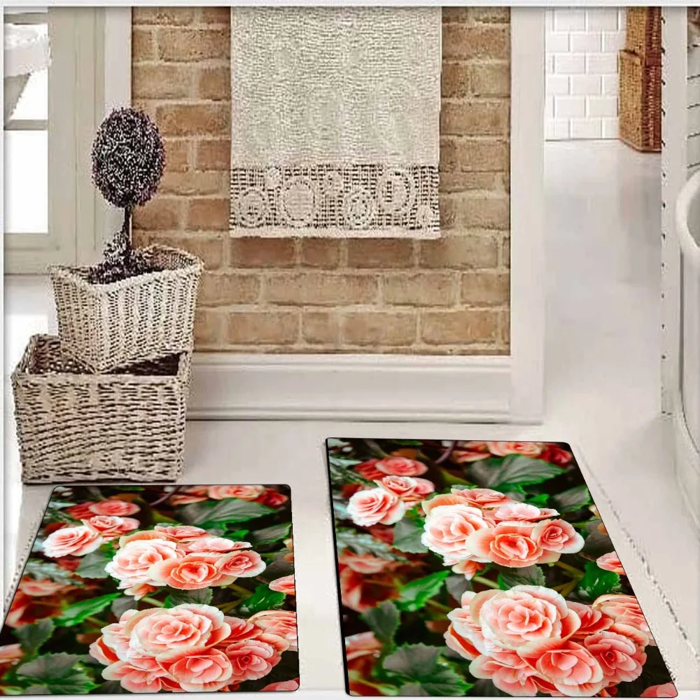 

Else Green Leaves Pink Roses Flowers Floral 2 Pcs 3d Pattern Print Bath Mats Anti Slip Soft Washable Bathroom Mat Toilet Rugs