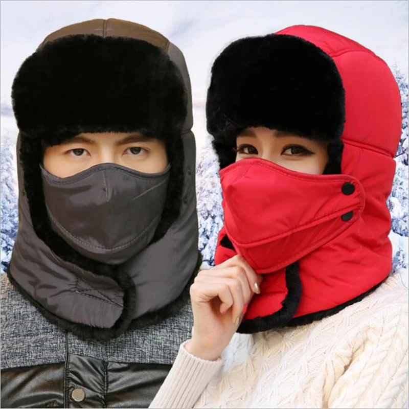 2019 new popular Bomber Hats men's winter hat with ear flaps outdoor cold warm skiing men winter hat warm hat earmuffs and mask