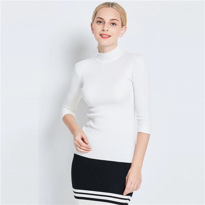 TuangBiang 2023 Spring New Three Quarter Sleeve Slim Solid Color Turtleneck Pullovers Sweaters Europe Style Elegant Navy Sweater