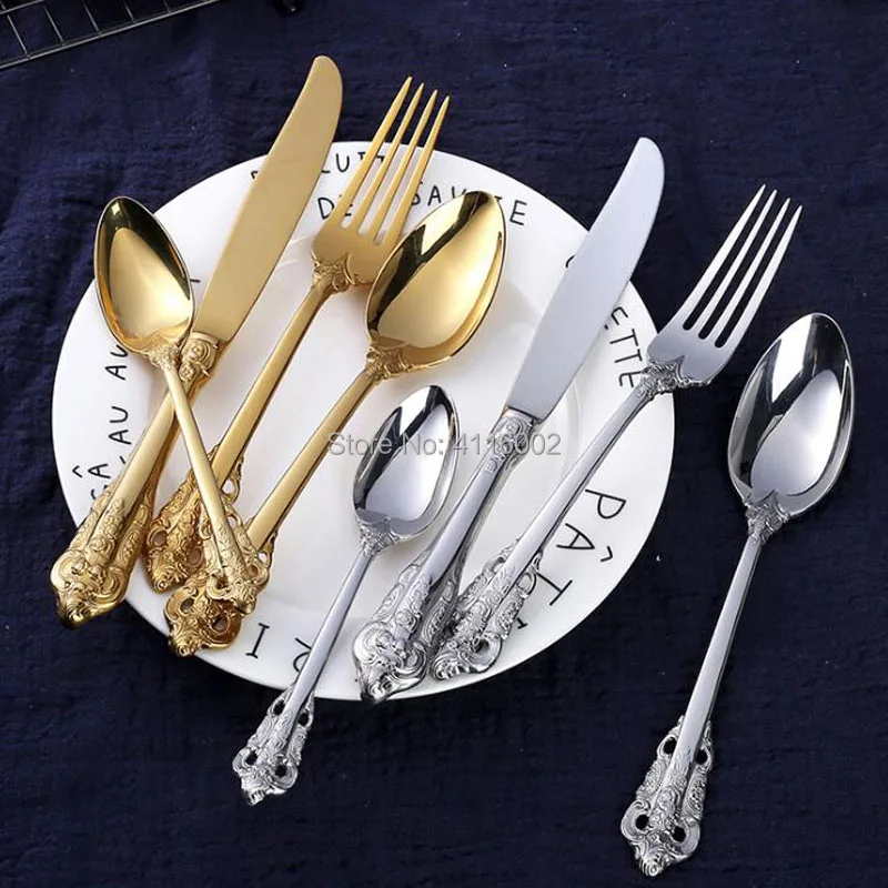 

10 Sets Vintage Cutlery Set Stainless Steel European Classic Style Dinnerware Set Flower Engraving Handle Cutleries