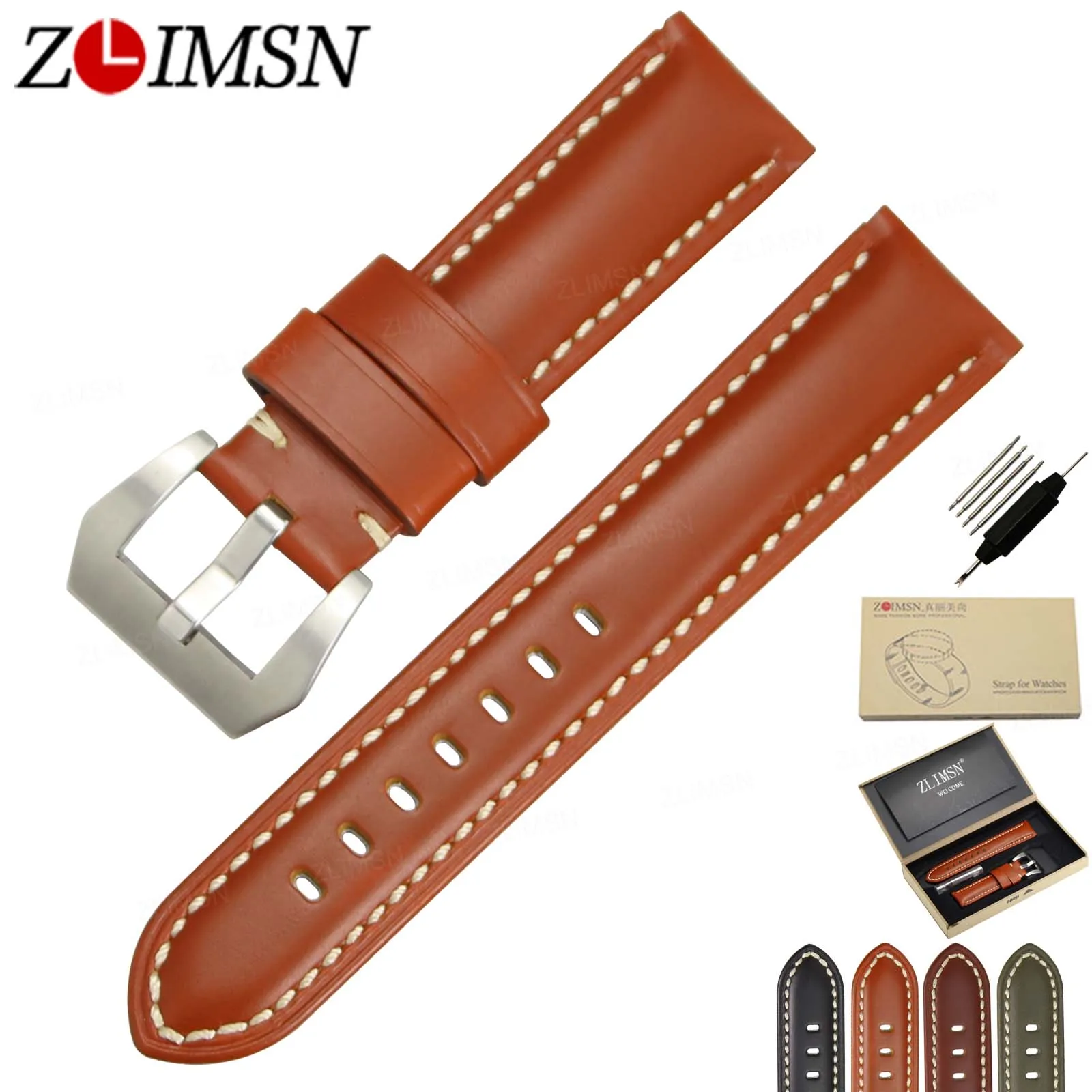 

ZLIMSN Genuine Leather Watch Bands Smooth Black Orange Red Green Replacement 22 24 26mm Stainless Steel Buckle Brush Spring Bars