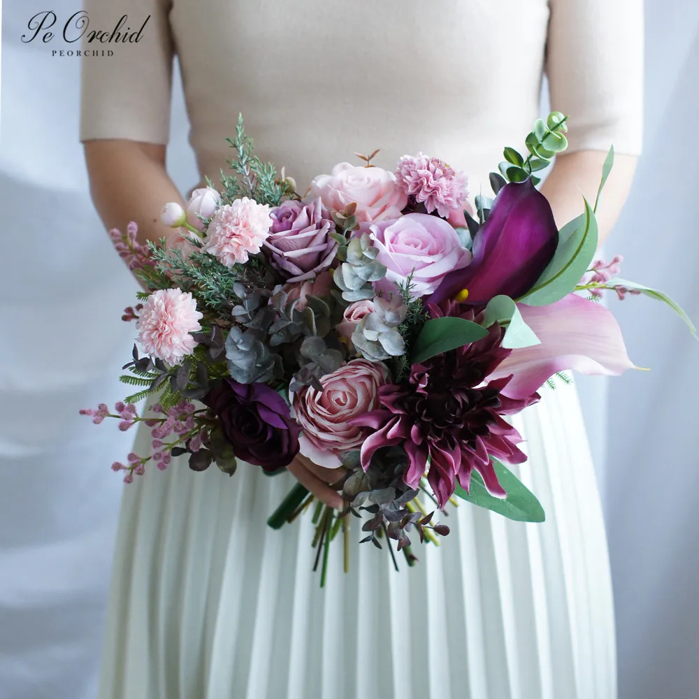 PEORCHID Gorgeous Country Wedding Bouquet Pink And Purple Colorful 2019 Luxury Roses Floral Bridal Bouquets Flowers For Bride