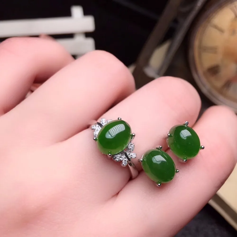 KJJEAXCMY Exquisite Jewelry 925 Silver-inlaid Natural Hotan Jasper Girl Ring Ear Nail Set Support Detection