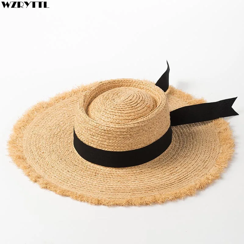 Natural  Raffia Hats Women Girl Summer Wide Brim Beach Hat Black Band Ribbon Straw Hat Lady Derby Panama Sun Visor Cap