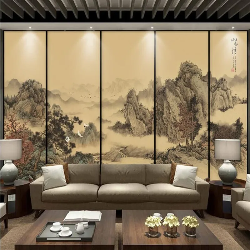 New Chinese artistic conception abstract ink painting water wall living room background wall painting professional custom wallpa