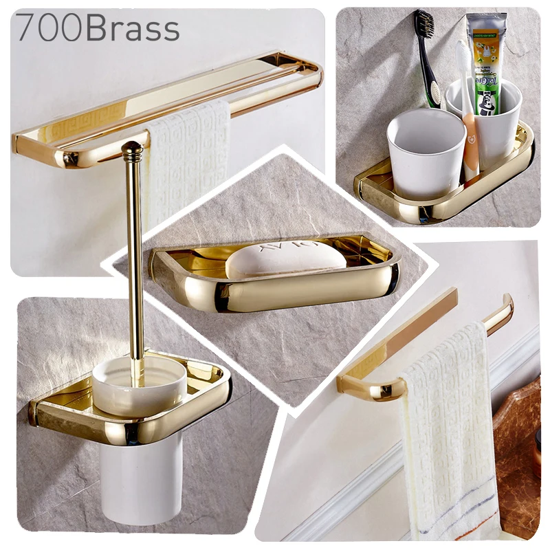 Luxury Shower Bathroom Accessories Set, Towel Ring, Paper Holder, Coat Hook, Toilet Brush, Polished Gold, Bath Hardware