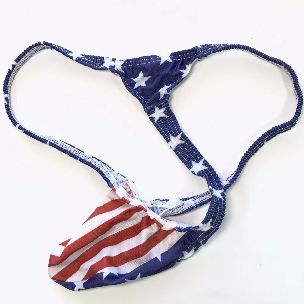 Mens G4034 USA Flag Star Stripes Sexy Thong Bulge Pouch T-back Grape Smugglers stretchy swim underwear