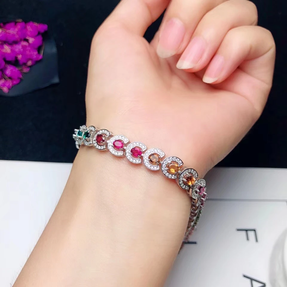 KJJEAXCMY boutique jewelry 925 sterling silver inlaid natural tourmaline gemstone bracelet female support test