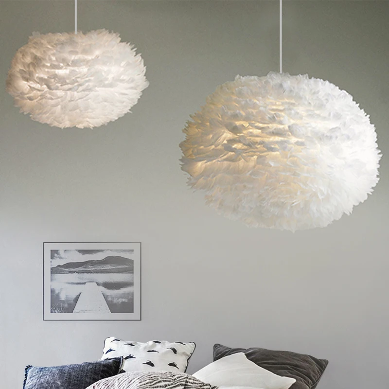 Modern Nordic White Feather Round Pendant Lights E27 Decorating Dining Room Bedroom Living Room Home Lighting Lamps