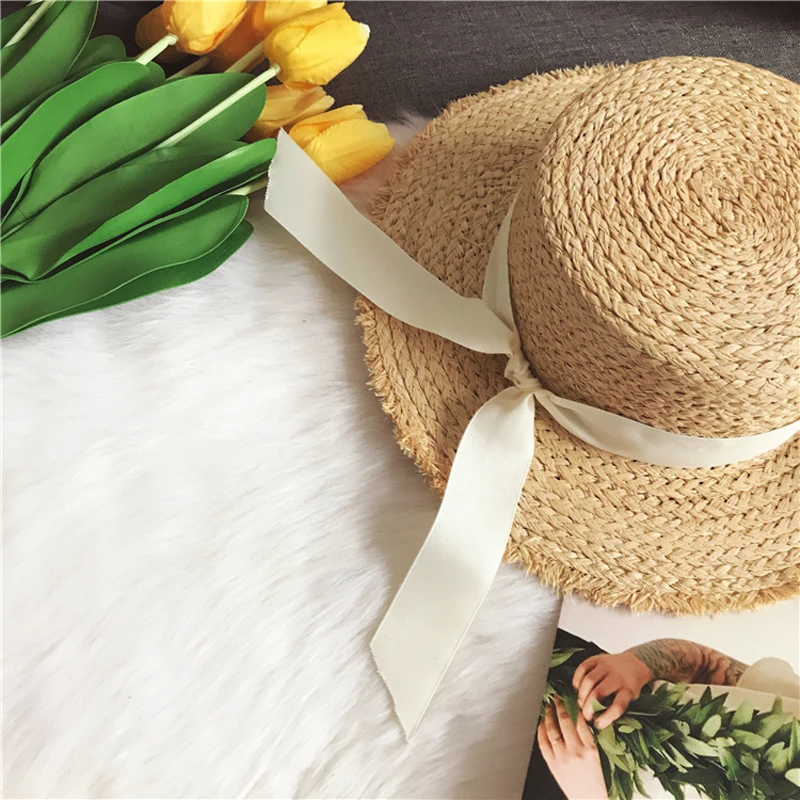 Luna&Dolphin Handmade Women Summer Sun Hat Beach Raffia Panama Straw Cap Big Brim Black White Bow Ribbon Temperament Flat UV Cut