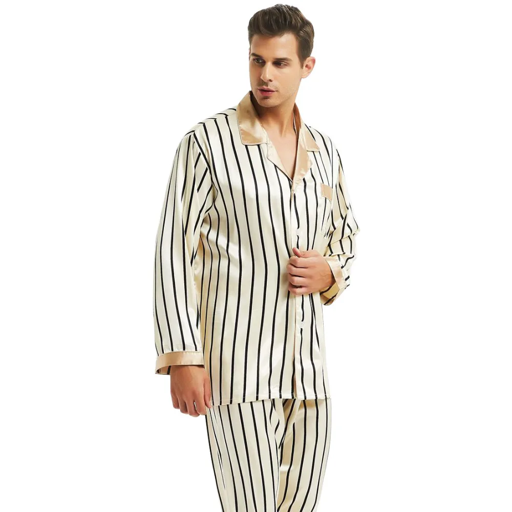 Mens Silk Satin Pajamas Set Pyjamas Set PJS Sleepwear Loungewear S ~ 4XL Striped