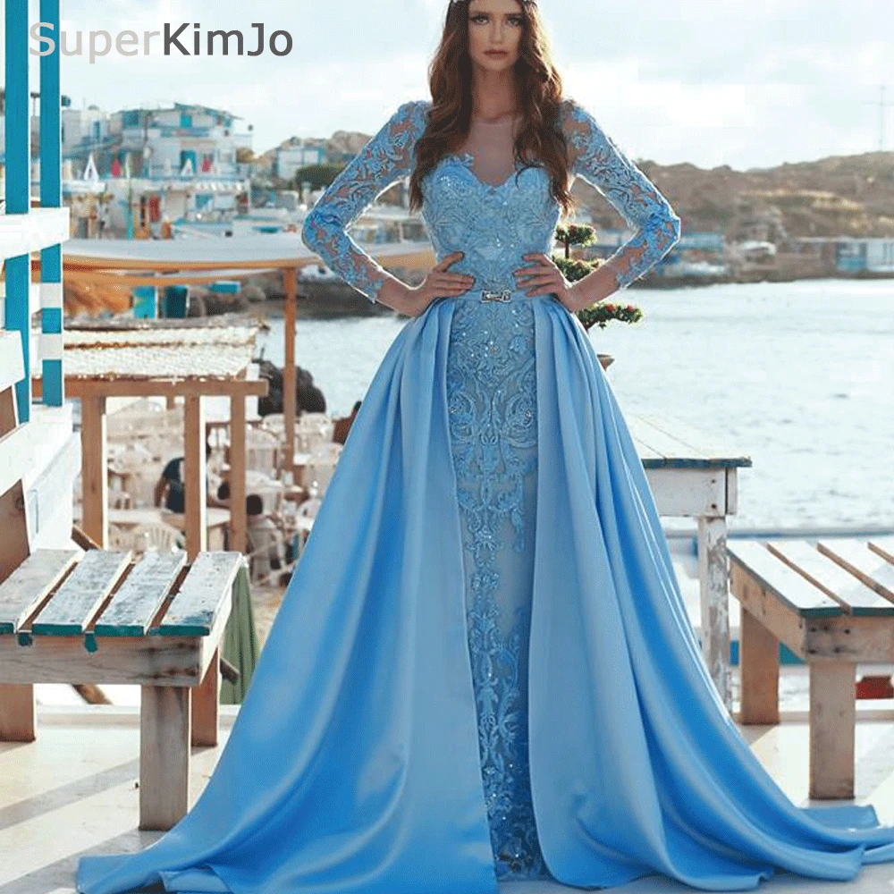 SuperKimJo Long Sleeve Elegant Evening Dresses with Overskirt Vestidos De Mujer Elegantes Para Fiesta 2022 Blue Prom Dress 2023