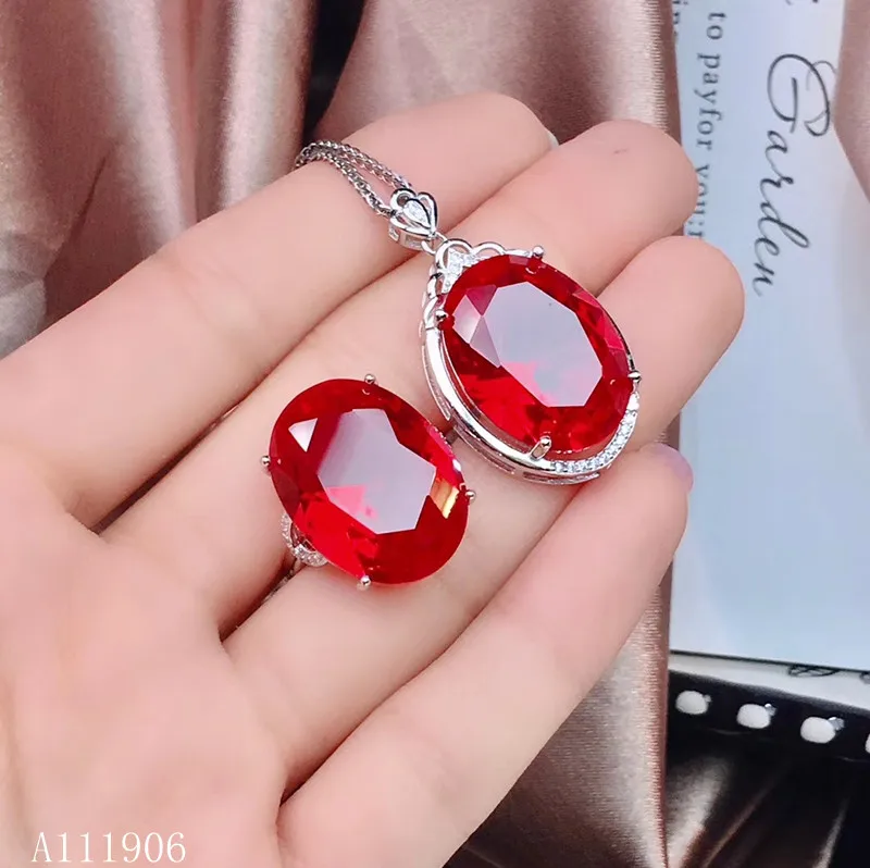 

KJJEAXCMY boutique jewelry 925 sterling silver inlaid natural red corundum gemstone female ring necklace pendant set support det