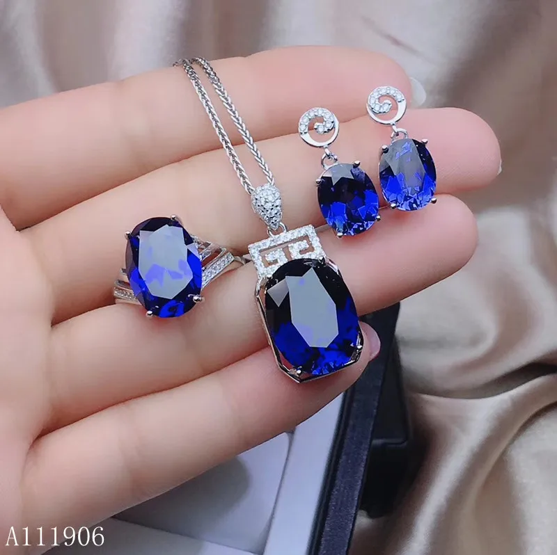 

KJJEAXCMY boutique jewelry 925 sterling silver inlaid natural sapphire female ring necklace pendant earrings set support detecti