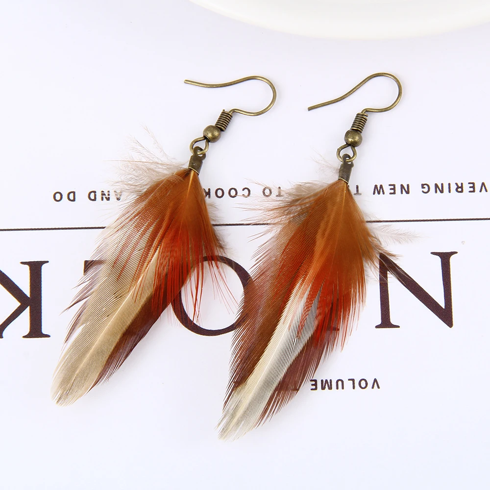 Lureme New Bohemian Handmade Natural Khaki Long Feather Dangle Earrings for Women (er005520)