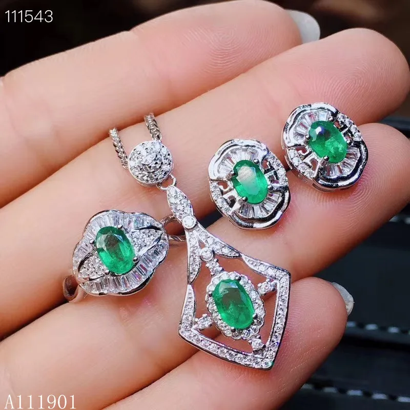 KJJEAXCMY boutique jewels 925 sterling silver inlaid Diamond Emerald female Ring Pendant Earrings 3 sets support identification