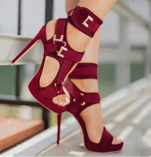 New Arrivals Red Black Stretch Fabric Women Sandals High Platform Metal Buckle Strap Ladies Shoes With Heels Gladiator Sandals