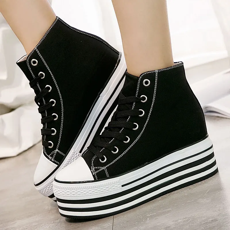 2019 Autumn Wedges Canvas Shoes Woman Platform Sneakers Zipper Shoes Hidden Heel Height Increasing Casual Shoes Flats MB-99