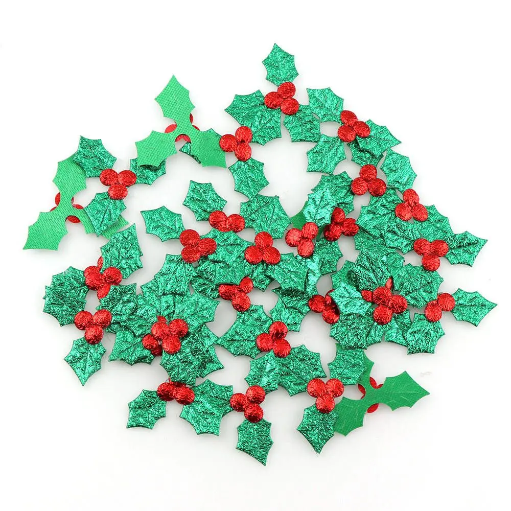 100pcs Table Decoration Holly Berries and Leaves Appliques for Christmas Decoration ,Stick-on DIY  Laser Green Color