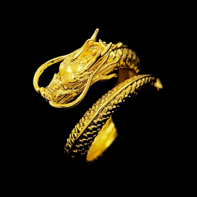 Adjustable Gothic Punk Rock Mystic Flying Chinese Dragon Shenlong Open Ring Gold Tone Men Jewelry Gift