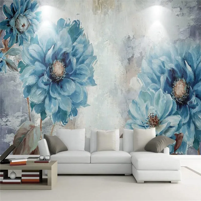 

Nordic style European hand-painted oil painting blue flowers living room wall professional production wallpaper mural